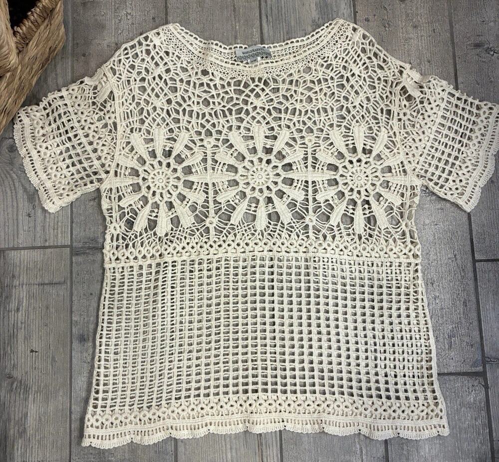 World Market Ivory Crochet Open Knit Boho Top Women’s Size Medium